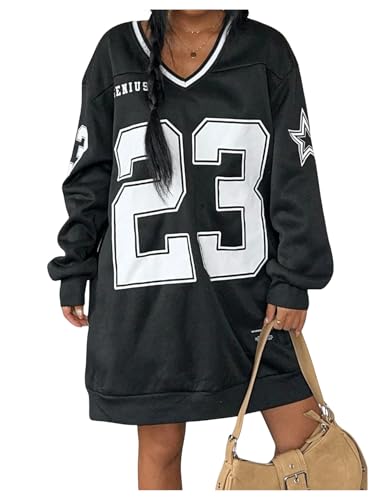 MakeMeChic Women's Oversized Jersey Dress Y2K Number Print V Neck Long Sleeve Pullover Sweatshirt Black Large