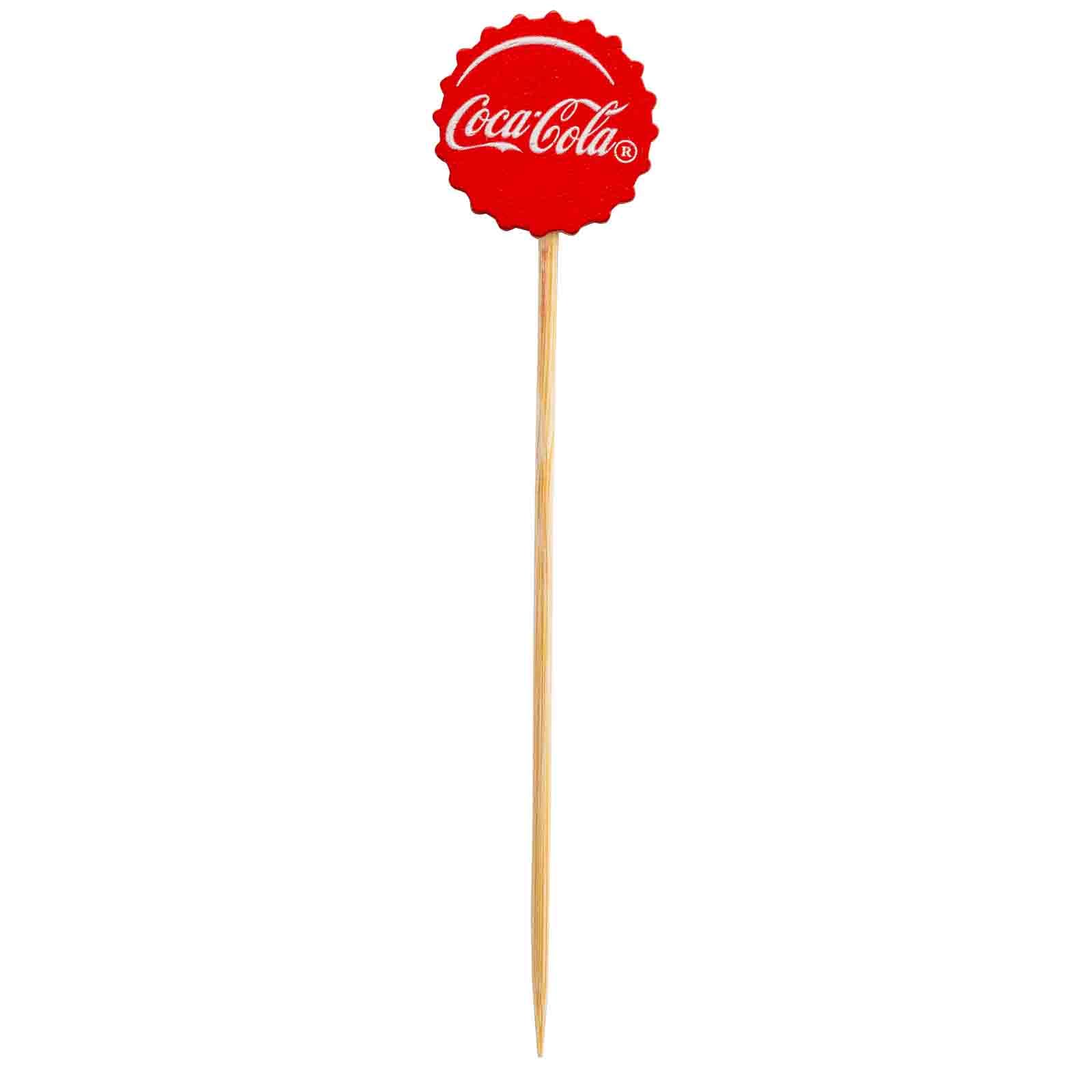 TableCraft 12290 Coca-Cola Red Bottle Cap Decorative Picks, 4.5” Bamboo & Pinewood, Nostalgic Single-Use Garnish for Cocktails, Appetizers, Cupcakes & Sliders, Retro Party Decor, Pack of 100