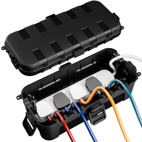 RESTMO IP54 Weatherproof Electrical Box (29 × 13.2 × 10cm) Outdoor Waterproof Box for Multi Plug Extension Lead Protect Outlet Plug Christmas String Lights from Water Snow Dust Black