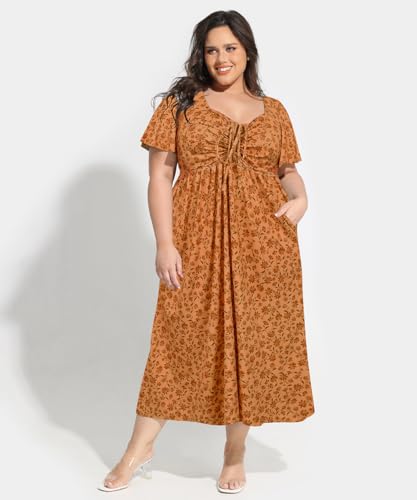 Image of CARCOS Plus Size Dresses for Curvy Women Tie Sweetheart Neck Summer Maxi Dress Short Sleeve Empire Waist Floral Boho Dress