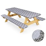 2024 Vinyl Picnic Table Cover and Bench Covers Fitted Tablecloth,Flannel Backing Elastic Edge Waterproof Wipeable Plastic Tabel Cover Vinyl Tablecloth for Indoor Outdoor Parties 3pcs - 72 * 30 in