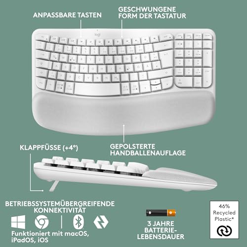 Logitech Wave Keys kabellose ergonomische Tastatur (Weiß) – Ansicht 6