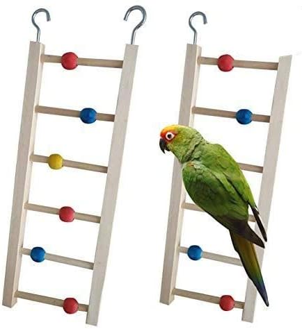 Mokook Parrot Wood Ladder with Hooks and Colorful Ball for Hamster Gerbil Rodent Canary Small Parrot Climbing Standing and Cage…