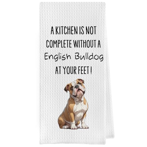 Geqtt English Bulldog Dish Towels - Funny English Bulldog Gifts Decorative Waffle Weave Kitchen Towels, English Bulldog Hand Tea Towels, English Bulldog Gifts (16×24 Inches)