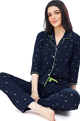 Image of ZEYO Women's Cotton Star & Dot Printed Night Suit Set of Shirt & Pajama Set 5155 (Available in Plus Size)