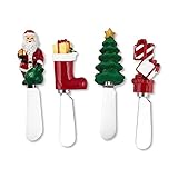 Wine Things Christmas Themed Cheese Spreaders, Hand-Painted Resin Handles with Stainless Steel Blades for Spreading Cream Cheese, Butter, and Jam, Assorted Designs, Set of 4
