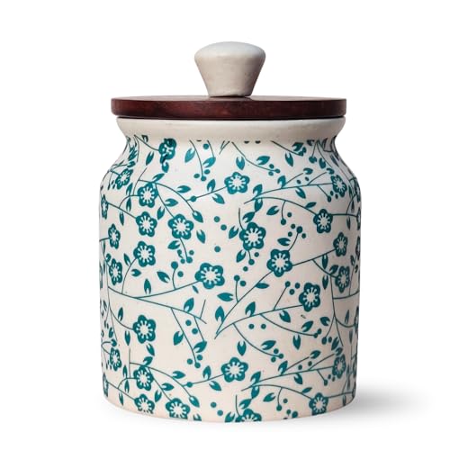 Image of Vistas 'Heritage Green' Airtight 420ml Set of 1 Ceramic Jar for Kitchen Storage | Handcrafted Ceramic Barni with Wooden Lid | Multipurpose Pickle, Spice & Salt Container