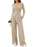 Sukiglam Zweiteiler Damen Elegant Langarm V-Ausschnitt Trainingsanzüge Slim Fit Jogginganzug Wrap Top und Weite Beinhose mit Taschen Tracksuit Lounge Set 2 Teiler Freizeitanzug Hausanzug Streatwear
