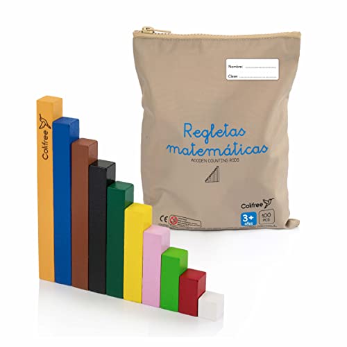 Colifree - Regletas matematicas Cuisenaire, de Madera, en Bolsa, 10x10, matematicas manipulativas