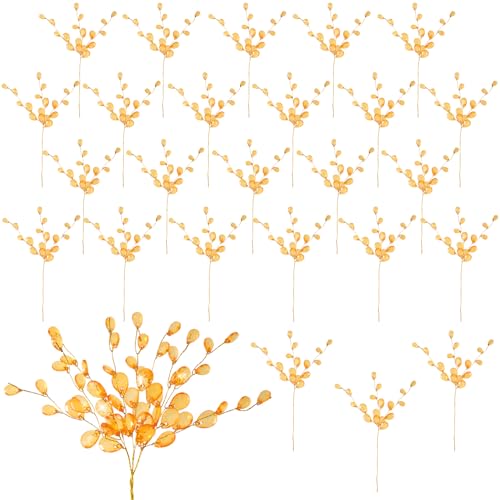 BEIQIYA 25pcs Acrylic Crystal Flower Branches Artifial Bead Drop Bouquets Orange Floral Picks Arrangement for Wedding Christmas Thanksgiving Day Home Office Table Top Decortaion
