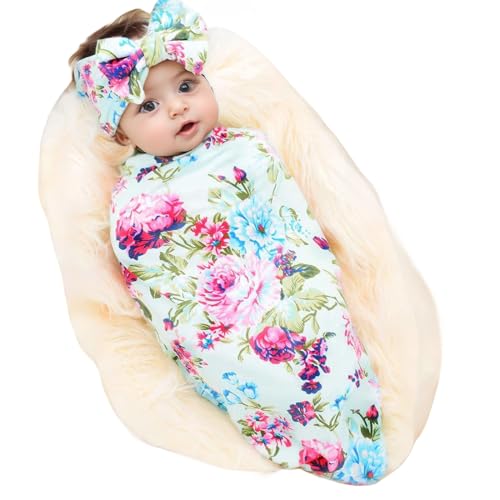 Image of Galabloomer Receiving Blanket Headband Set Flower Print Baby Swaddle Receiving Blankets