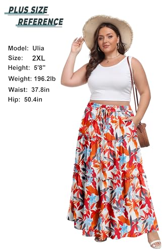 Image of Lepunuo Womens Casual Boho High Waisted Flowy Maxi Skirts Tiered Floral Long Skirts with Pockets for Summer Beach Vacation