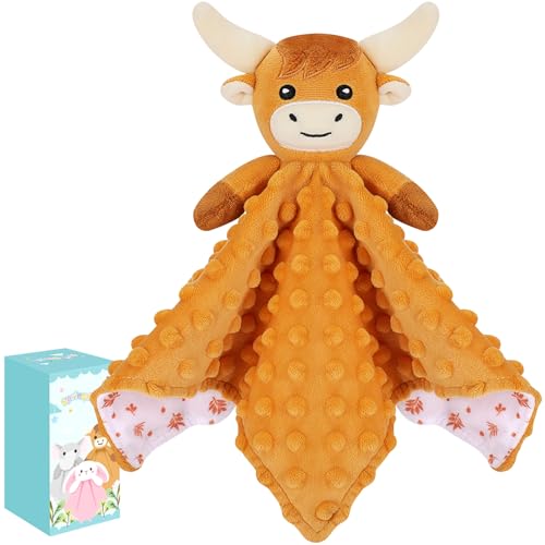 Sprinqdawin Loveys for Babies,Soft Baby Security Blanket for Newborn Infant Toddler Snuggle Toy Stuffed Animal,Lovey Highland Cow Security Blankets Baby Unisex (Highland Cow,12.2in)