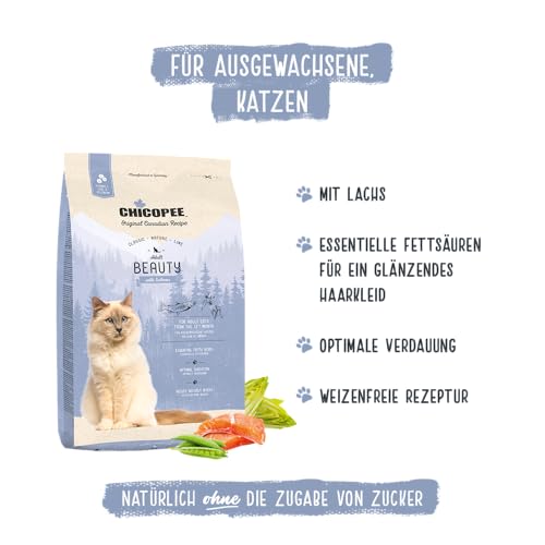 Chicopee Classic Nature Line | Adult Beauty | Katzenfutter trocken | Lachs & Geflügel | Haut & Fell, Omega-Fettsäuren, Vitamine | ohne Weizen | Inspiriert von der Natur Kanadas | 1,5 kg