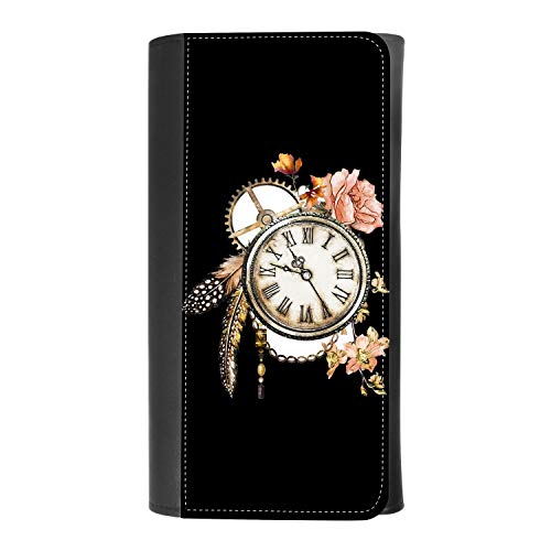 (steampunk Watercolor Feather, Rose and Clock) women's Patterned Leather Buckle Trifold Wallet Bag Pouch Holster With Credit Card Holder insurance for smartphones
