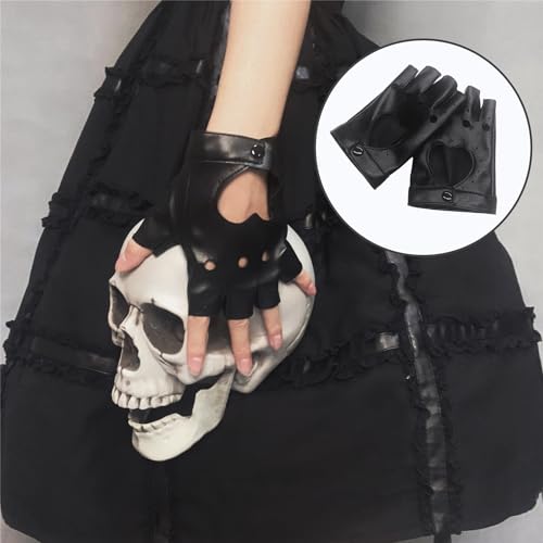 SLEEKEE Juego de 2 pares de guantes negros sin dedos, guantes de cuero sin dedos para mujer, accesorios de cosplay, guantes de motorista punk, guantes de cuero para rock y hip hop, Negro , Talla - imagen 5