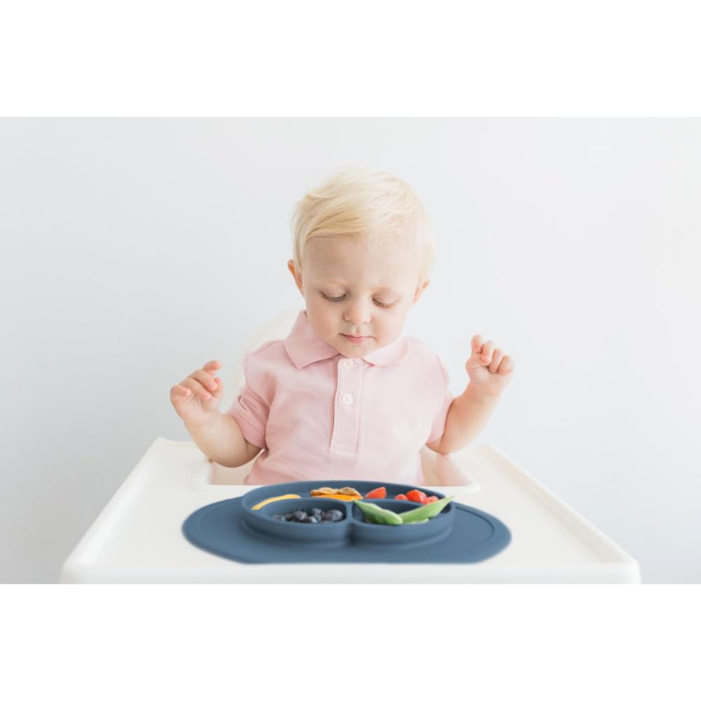 ezpz Mini Mat - 100% Food Grade Silicone Suction Divided Plate with Built-in Placemat for Infants + Toddlers Promotes Baby Self-Feeding for Highchair, Dining Table - Microwave Safe - 6Months+ (Indigo) 2