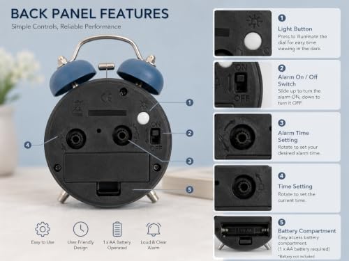 Image of Classic Twin Bell Analog Alarm Clock Retro Metal Table Clock with Night Light and Loud Mechanical Ringer for Bedroom Office and Heavy Sleepers Dark Blue