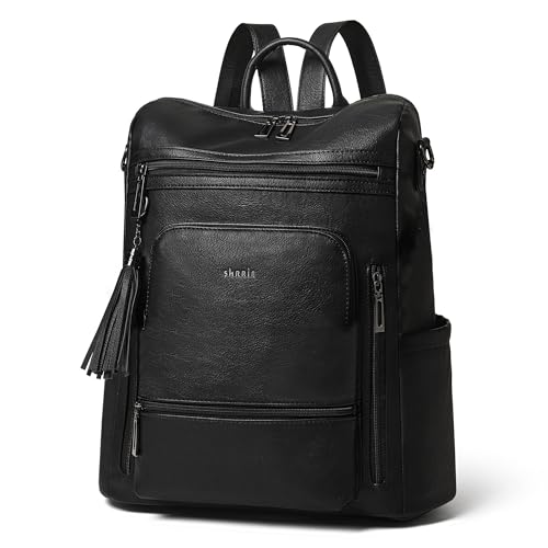 Shrrie Vegan Leather Laptop Backpack for Women 15.6 inch Work Backpack Fashion Travel Backpack Purse for Business College-Two-tone Black