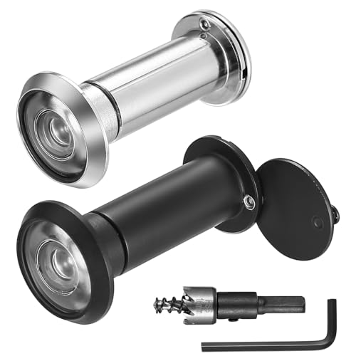 2 Pcs Mirilla Puerta, Mirillas para Puertas Seguridad con Cubierta de Privacidad, Gran Angular de 200°, para Puertas de 35 a 60 mm Grosor, para Casa, Oficina, Hotel, con Taladro, Negro/Plateado