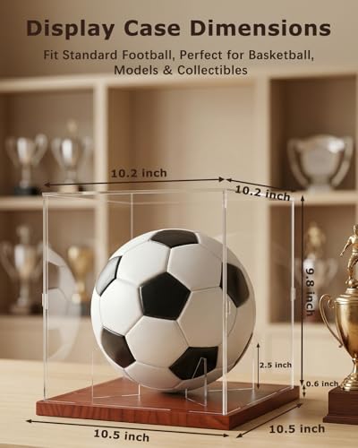 Image of Fitense Soccer Ball Display Case with Solid Wood Base, UV Protected Clear Acrylic Box, Removable Transparent Holder for Autographed Balls, Sports Collectibles & Memorabilia Display