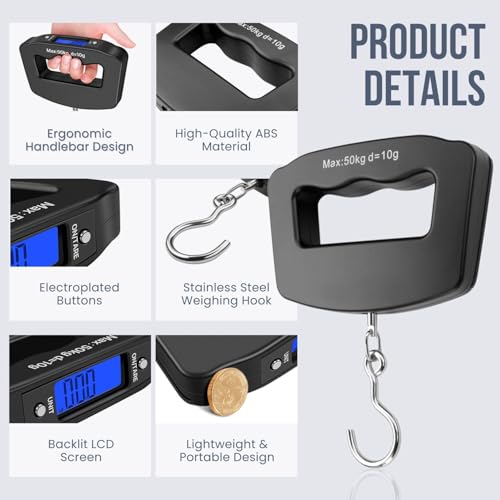 Image of Flexzion Digital Luggage Scale, Baggage Weight Scale, 110 Lb (50 Kg) with 10g Deviation, Portable Handheld Suitcase Weight Scale with Hook for Travel, Fish Weighing, Black