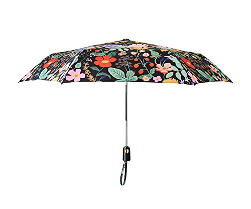 RIFLE PAPER CO. Umbrella | Matching Storage Sleeve, Portable Fold Up Size, Auto Open and Close, Wooden Handle, 43' Open Diameter, Printed in Full Color (11⅛' Closed Length), Strawberry Fields