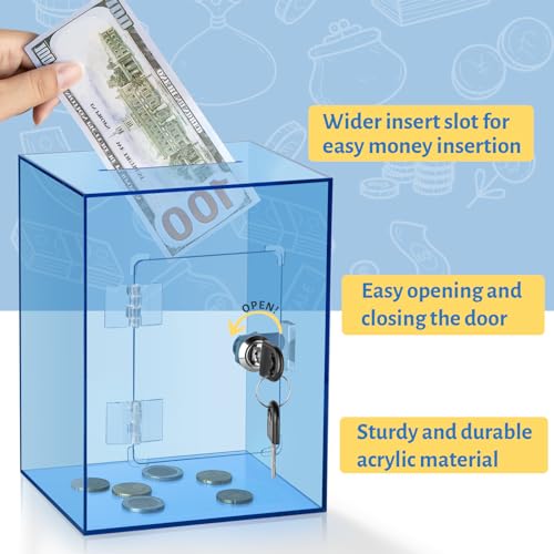Image of Clear Piggy Bank for Adults Kids, Large Acrylic Piggy Bank Money Saving Box for Cash Saving with Key, Openable Clear Acrylic Savings Jar for Real Money (Blue)