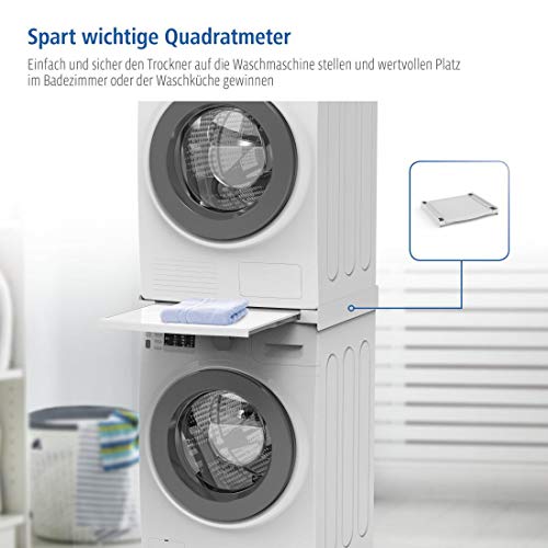 Xavax Zwischenbaurahmen mit Ausziehplatte aus Kunststoff (Verbindungsrahmen für Waschmaschine und Trockner, Zwischenbausatz mit Auszug als Ablage für Wäschekorb, inkl. Zurrgurt) weiß – Bild 8