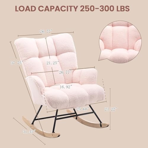 Image of SAETSFEG Rocking Chair Nursery Teddy Upholstered Glider Rocker Rocking Accent Chair Padded Seat with High Backrest Armchair Comfy Side Chair for Living Room Bedroom Offices (Pink Teddy)