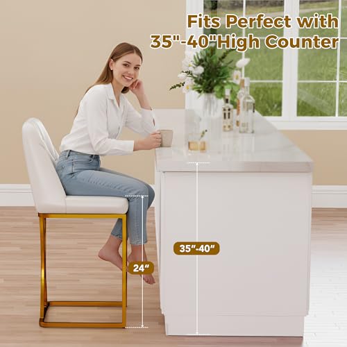 Image of LSSBOUGHT Counter Height Bar Stools Set of 2 24'' Upholstered Padded Barstools with Back Glam Kitchen Island Chairs with Golden Metal Iron Frame (White-Button-Gold Leg, 4PCS)