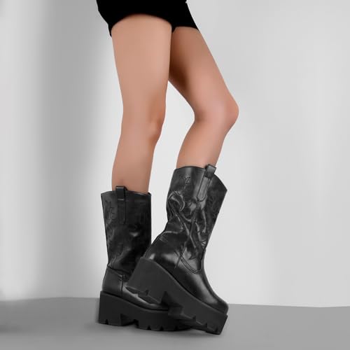 richealnini Mid Calf Boots for Women Embroidered Pull-On Knee High Booties4