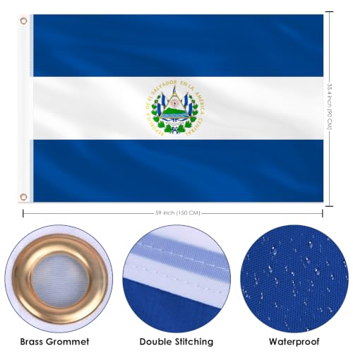Image of AhfuLife 2pcs El Salvador Flag 3x5 Ft, Large Salvadoran Flags for Outside - Double Side with Brass Eyelets for Olympic Party Decorations, Soccer Party Decoration Bar Garden Street Decoration Indoor Outdoor