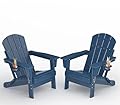 GarveeLife Folding Adirondack Chair Set of 2, All-Weather HDPE Outdoor Chair, Wooden Textured with Cup Holder for patios, Decks, Gardens, fire pits, Navy Blue