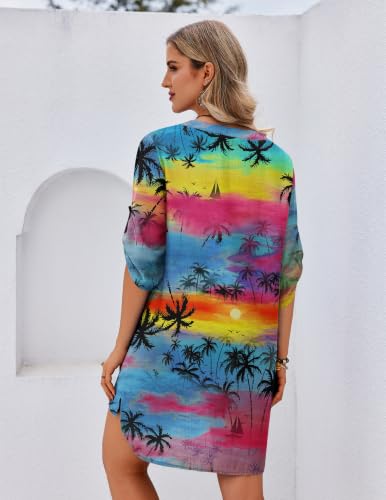 Image of Ekouaer Bathing Suit Cover Up for Women V Neck Button Down Swimsuit Coverup Beach Dress Shirt S-3XL