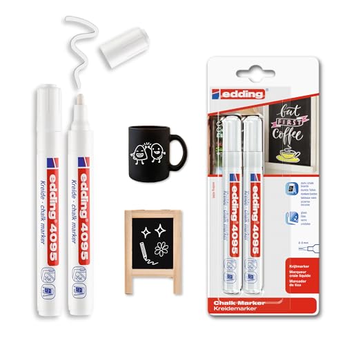 edding 4095 Kreidemarker - weiß - 2 Kreidestifte - Rundspitze 2-3 mm - Kreidestift für Tafel abwischbar - zum Beschriften von Fenster Glas Spiegel - Tafelstift mit deckenden Farben