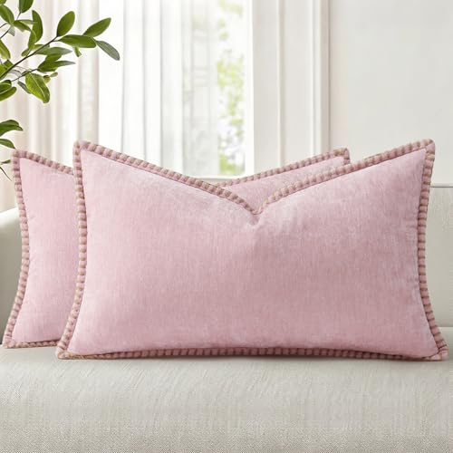 Image of decorUhome Fall Chenille Soft Cozy Throw Pillow Covers 12x20 Set of 2, Modern Farmhouse Boho Velvet Decorative Pillow Cases with Stitched Edge for Couch Sofa Bed Home Decor, Blush Pink