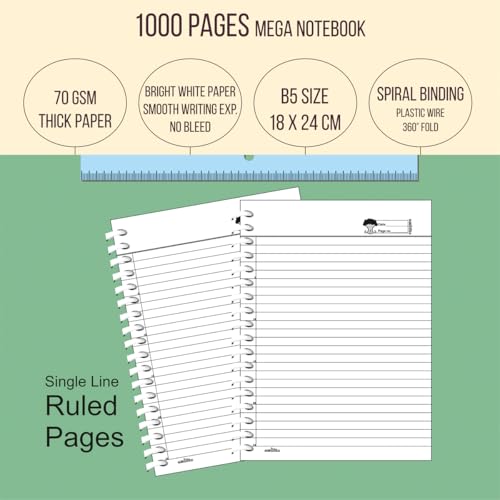 Image of amblitz Mega Spiral Notebook | 18 X 24 CM | B5 Size | School /College Students's Choice for Note Making | 70 GSM Thick White Paper | Diary Size | Personal & Office Use | (1000 Pages, RULED Notebook)