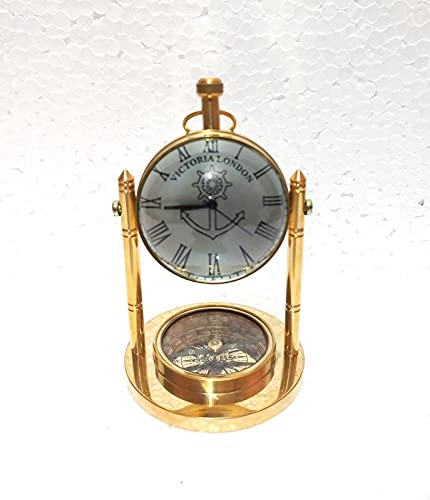 Reloj de Escritorio Náutico Vintage y Set de Brújula, Soporte de Latón, Diseño Victoria London