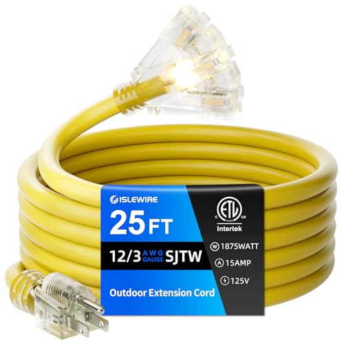 islewire 25 FT Outdoor Extension Cord with Multiple Outlets, 12 Gauge Heavy Duty Yellow Extension...