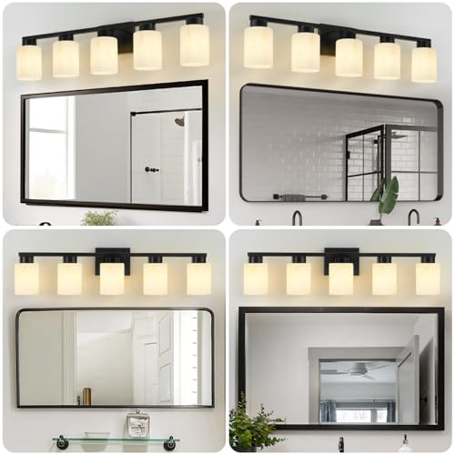 Image of 5-Light Bathroom Light Fixtures, Modern Vanity Lights, Black Metal Wall Lamp with White Marble Glass for Bathroom, Mirror, Living Room, Bedroom, Cabinet, Porch, Hallway, E26 Base
