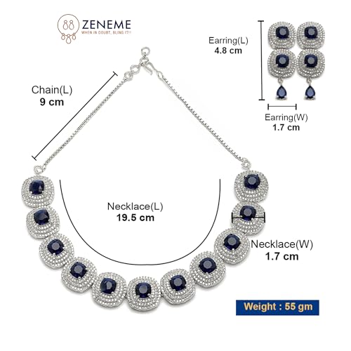 Image of ZENEME Rhodium Plated Silver Toned Triangular Shaped American Diamond Studded Jewellery Set For Women and Girl