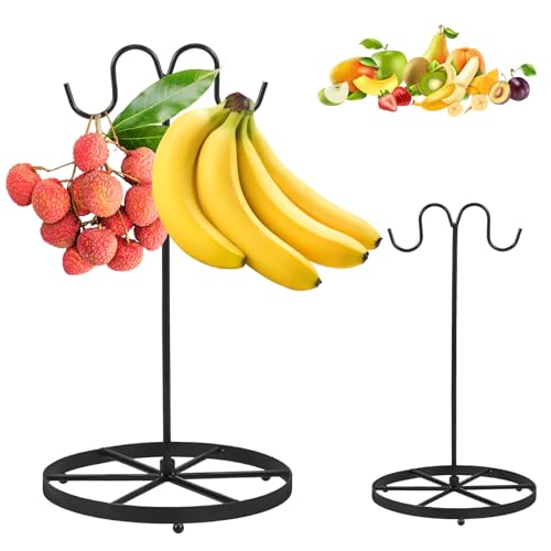 Ghshanog Banana Holder Stand,Metal Banana Tree Stand,Rust-Proof Banana Hanger Hook Multifunctional Vegetable Rack,Hanging Fruit Racks with Hook & Wider Base for Kitchen Countertop (Double Hook)