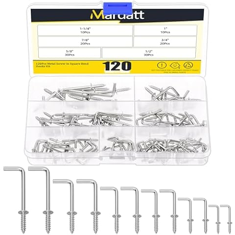 Mardatt 120 sztuk 6 rozmiarów kwadratowe haki do gięcia w kwadratowych kształtach wkręcanych haków zginanych Sliver ocynkowane L haki zestaw śrub samoklejąca śruba typ L ramka na zdjęcia hak kątowy