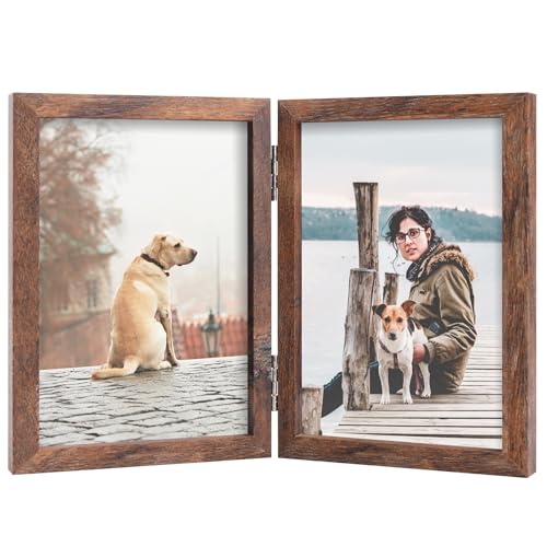 FOREV 5x7 Double Picture Frame Rustic Wood Wooden Hinged Photo Frame