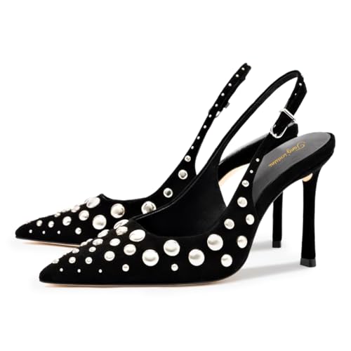 Tang'scuisins Women Studded Stiletto High Heels Slingback Backstrap Pointy Toe Pumps Sexy Party Night Club Dress Sandals Size 4-16 US