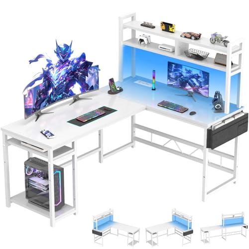 Devoko Gaming Tisch Eckschreibtisch 160x120 cm - LED-Beleuchtung, 2 Steckdosen + 2 USB-Anschlüsse,...