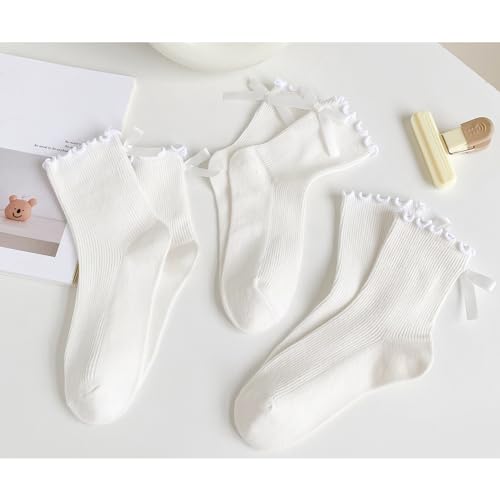 Image of Womens Bow Socks Ruffle Casual Crew Black Whitte Soft Breathable Cotton 4 Pairs Socks
