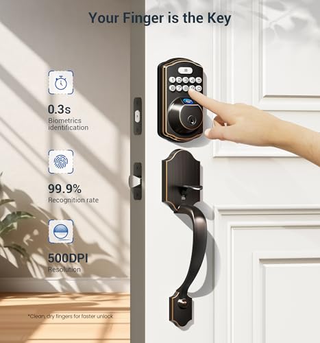 Image of Veise KS02D Fingerprint Front Door Lock with Handle Set, Bronze | Keyless Entry Electronic Keypad Deadbolt, Auto Lock, Anti-Peep Password, One-time Code, IP54 Waterproof, Low Battery Alarm