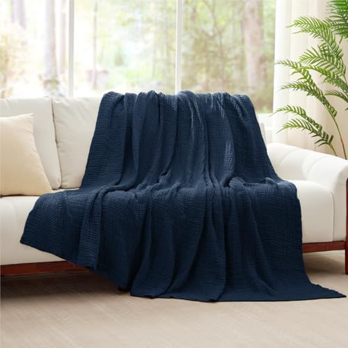 Image of 100% Cotton Muslin Blanket Twin 60 inch x 80 inch, Breathable and Lightweight Cotton Twin Blankets for Couch, Soft Cooling Summer Gauze Blanket for Adults All Season, Navy Blue